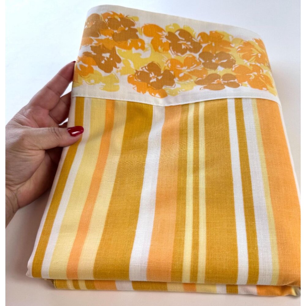 Vintage 1970s flat/top sheet, orange white stripes and flowers, twin size bed